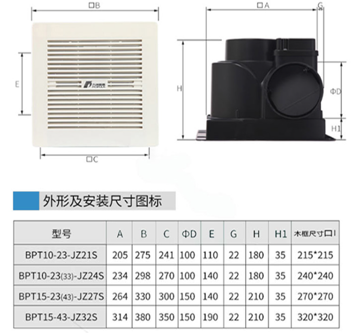 九洲風機換氣扇外形和安裝尺寸